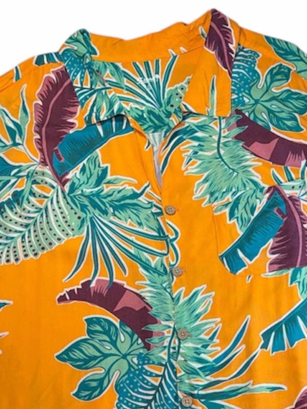 KS Island Tropical Button-Up Shirt in Vibrant Orange with Teal & Purple Leaves